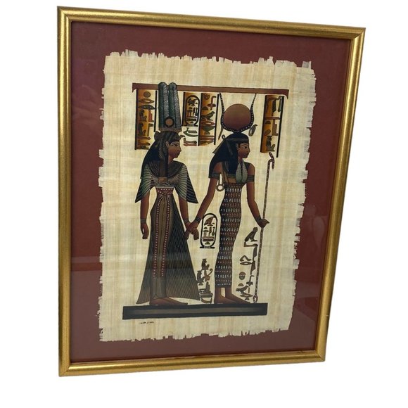 Vintage Framed Collectible Egyptian Papyrus Art Painting Isis Horus 21" X 17" - Picture 1 of 4